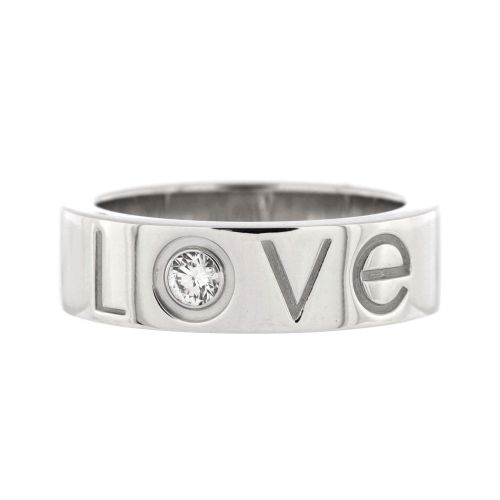 Engraved Love Band 1 Diamond Ring 18K White Gold and Diamond