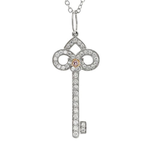 Fleur de Lis Key Pendant Necklace Platinum and 18K Rose Gold with Pink and White Diamonds Small