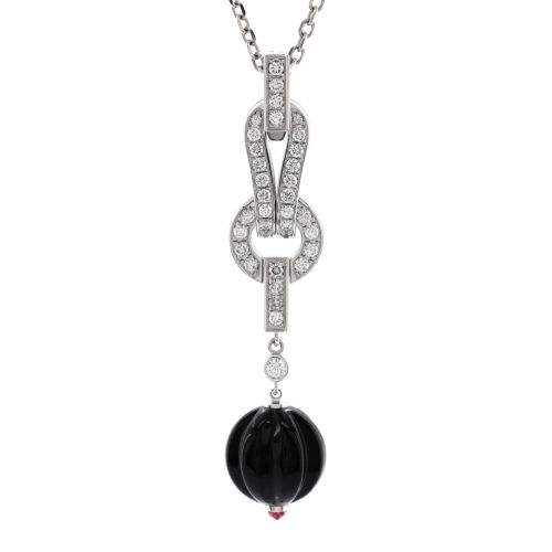 Agrafe Drop Pendant Necklace 18K White Gold with Diamonds, Onyx, and Rubelite