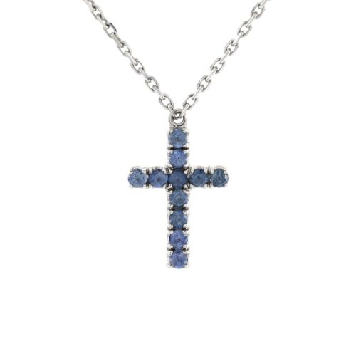 Cross Pendant Necklace 18K White Gold and Blue Sapphires