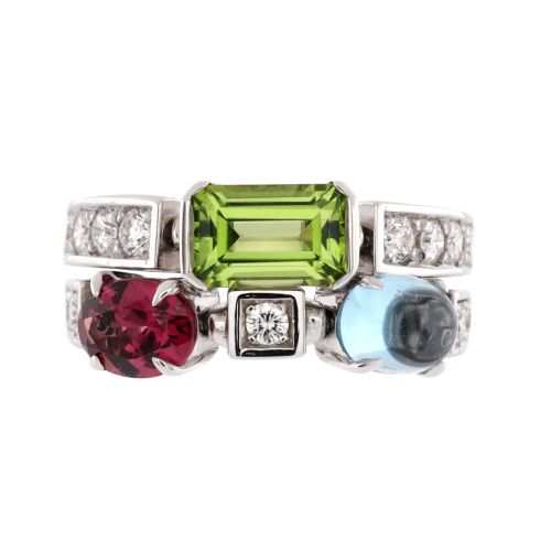 Allegra Double Band Ring 18K White Gold with Multicolor Gemstones and Diamonds