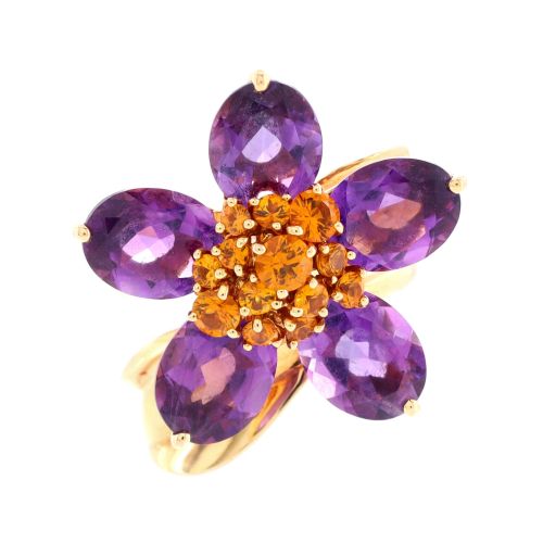 Hawaii Flower Ring 18K Yellow Gold with Amethyst and Orange Sapphires