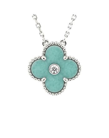 Vintage Alhambra Pendant Necklace 18K White Gold and Green Celadon Sevres Porcelain with Diamond