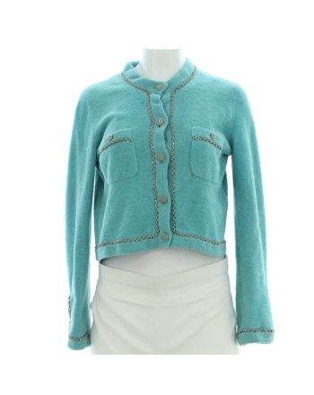 Women's Chain Trim Two Pocket Crewneck Cardigan Cotton and Polyamide