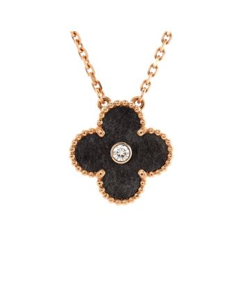 Vintage Alhambra Pendant Necklace 18K Rose Gold and Silver Obsidian with Diamond